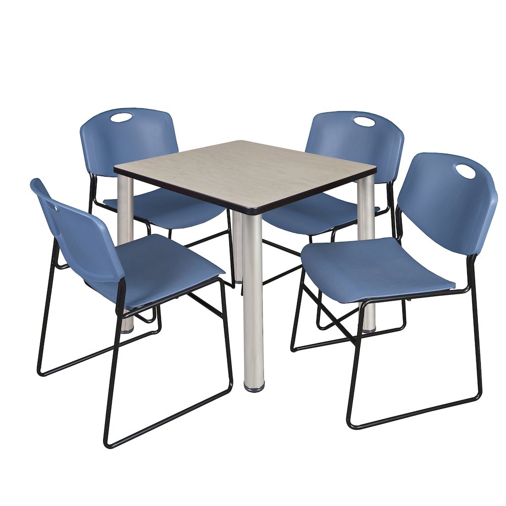 30 in Square Breakroom Table- Maple Top, Chrome Legs, 4 Zeng Stack Chairs- Blue