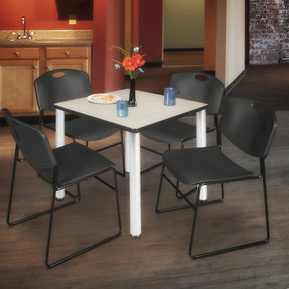 30 in Square Breakroom Table- Maple Top, Chrome Legs, 4 Zeng Stack Chairs- Black