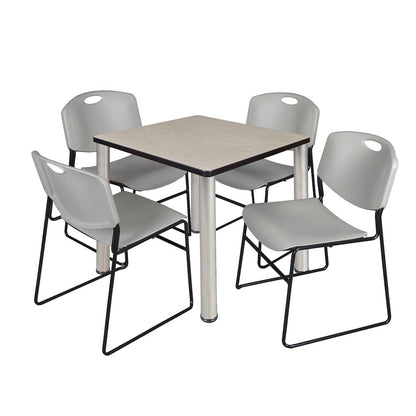 30 in Square Breakroom Table- Maple Top, Chrome Legs, 4 Zeng Stack Chairs- Grey