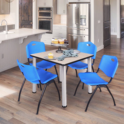 30 in Square Breakroom Table- Maple Top, Chrome Legs, 4 M Stack Chairs- Blue