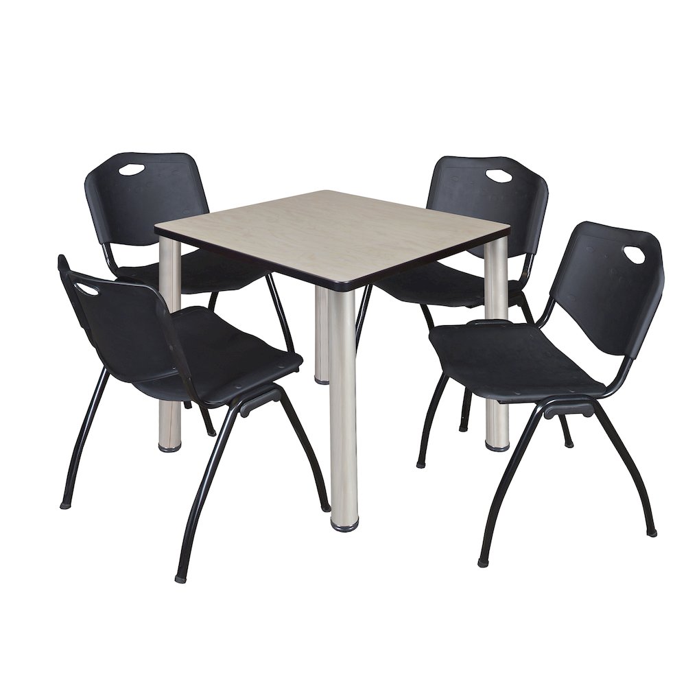 30 in Square Breakroom Table- Maple Top, Chrome Legs, 4 M Stack Chairs- Black