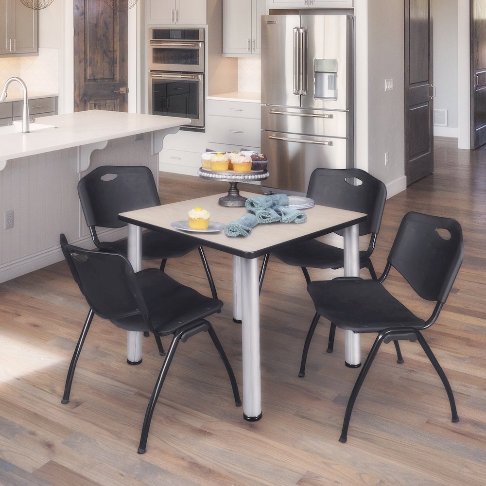 30 in Square Breakroom Table- Maple Top, Chrome Legs, 4 M Stack Chairs- Black