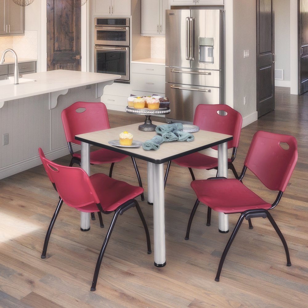 30 in Square Breakroom Table- Maple Top, Chrome Legs, 4 M Stack Chairs- Burgundy