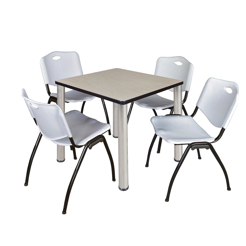 30 in Square Breakroom Table- Maple Top, Chrome Legs, 4 M Stack Chairs- Grey