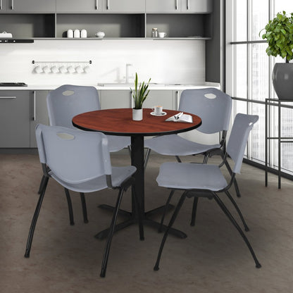 Small 30 in. Round X-Base Breakroom Table- Cherry & 4 M Stack Chairs- Grey