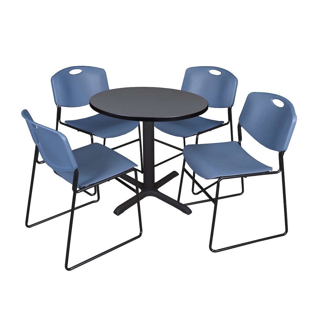 Small 30 in. Round X-Base Breakroom Table- Grey & 4 Zeng Stack Chairs- Blue