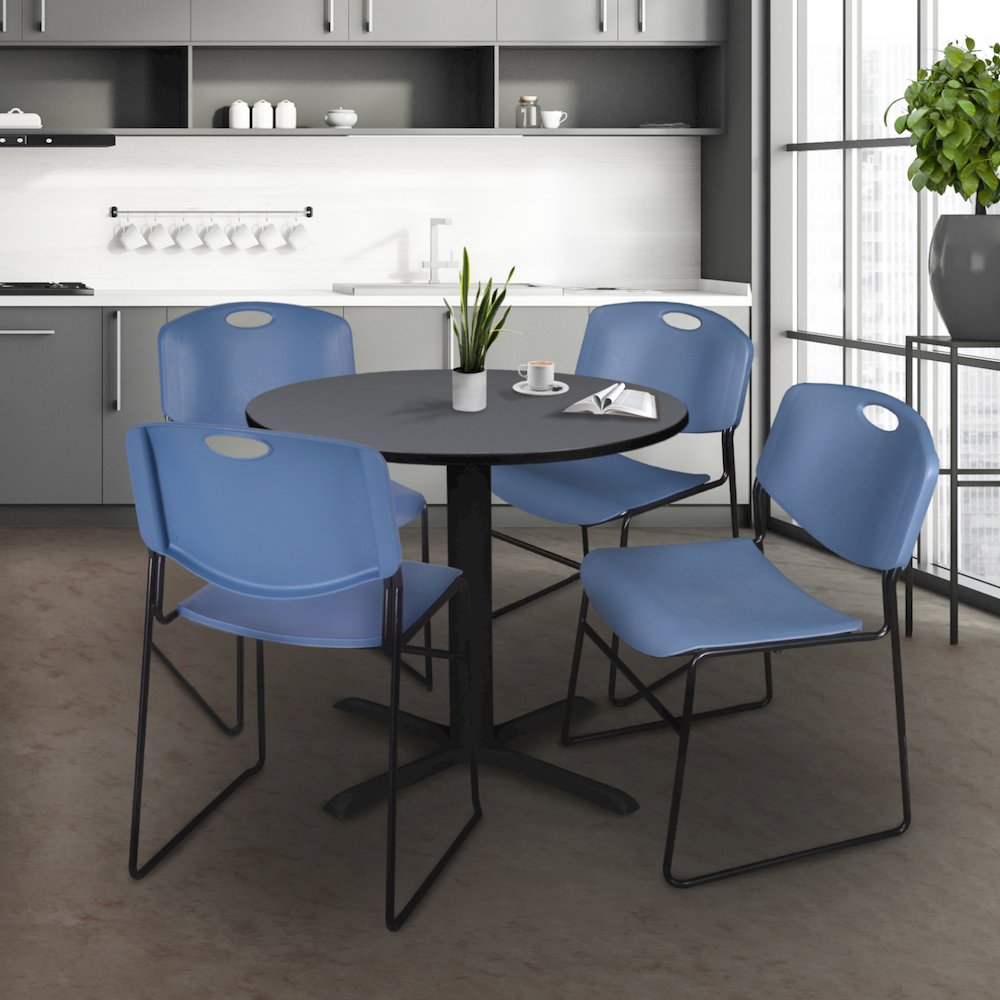Small 30 in. Round X-Base Breakroom Table- Grey & 4 Zeng Stack Chairs- Blue