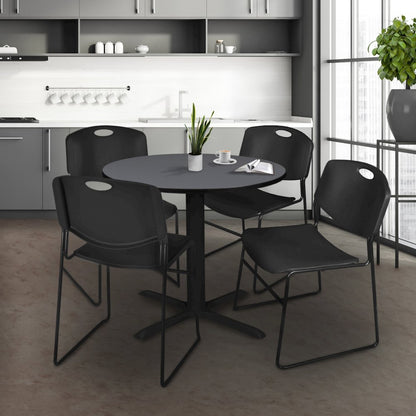 Small 30 in. Round X-Base Breakroom Table- Grey & 4 Zeng Stack Chairs- Black