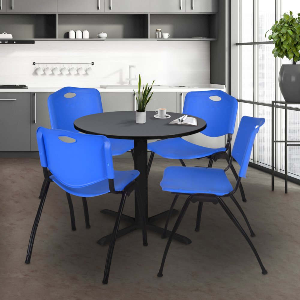 Small 30 in. Round X-Base Breakroom Table- Grey & 4 M Stack Chairs- Blue
