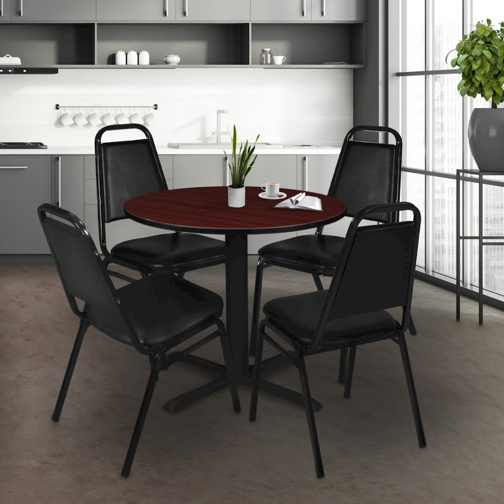 Small 30 Round X-Base Breakroom Table- Mahogany & 4 Stack Chairs- Black