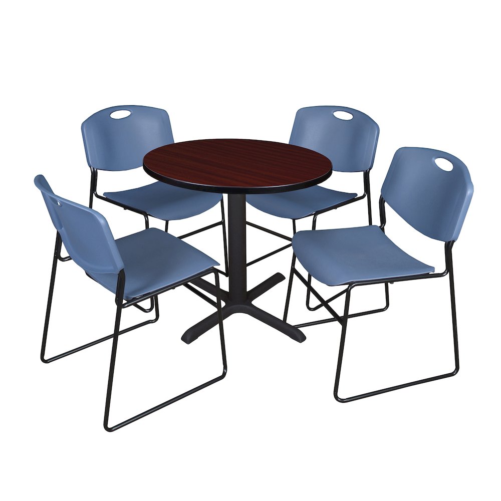 Small 30 in. Round X-Base Breakroom Table- Mahogany & 4 Zeng Stack Chairs- Blue
