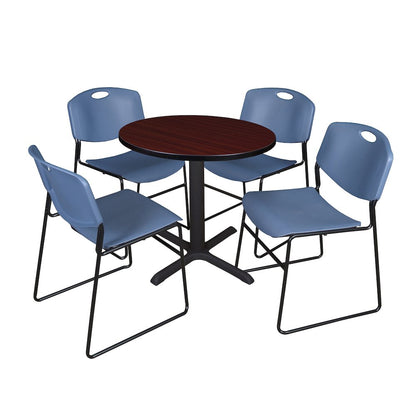 Small 30 in. Round X-Base Breakroom Table- Mahogany & 4 Zeng Stack Chairs- Blue