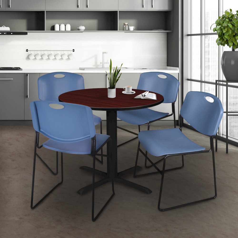 Small 30 in. Round X-Base Breakroom Table- Mahogany & 4 Zeng Stack Chairs- Blue