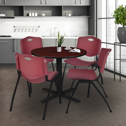 Small 30 in. Round X-Base Breakroom Table- Mahogany & 4 M Stack Chairs- Burgundy