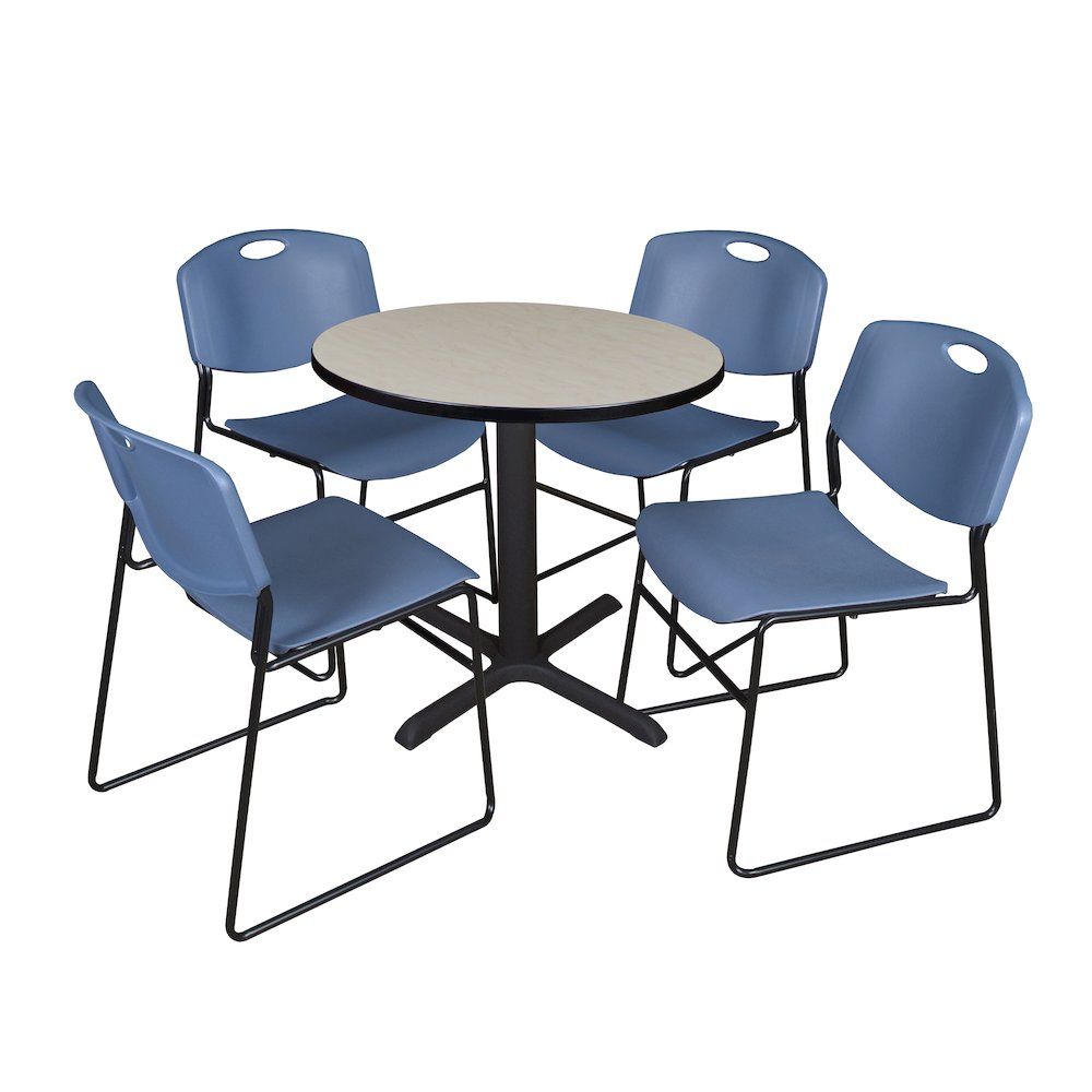 Small 30 in. Round X-Base Breakroom Table- Maple & 4 Zeng Stack Chairs- Blue