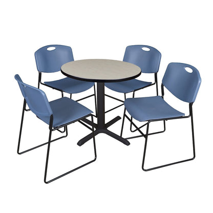 Small 30 in. Round X-Base Breakroom Table- Maple & 4 Zeng Stack Chairs- Blue