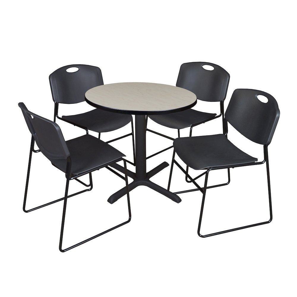 Small 30 in. Round X-Base Breakroom Table- Maple & 4 Zeng Stack Chairs- Black