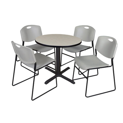 Small 30 in. Round X-Base Breakroom Table- Maple & 4 Zeng Stack Chairs- Grey