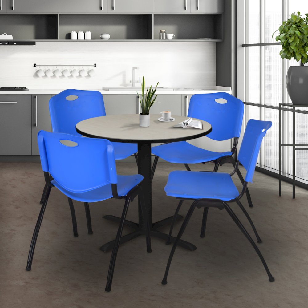 Small 30 in. Round X-Base Breakroom Table- Maple & 4 M Stack Chairs- Blue