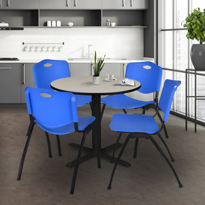 Small 30 in. Round X-Base Breakroom Table- Maple & 4 M Stack Chairs- Blue