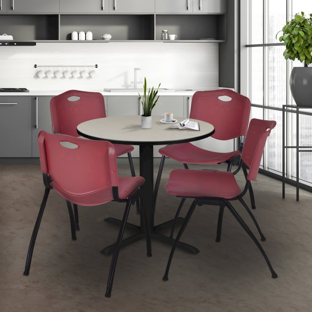 Small 30 in. Round X-Base Breakroom Table- Maple & 4 M Stack Chairs- Burgundy