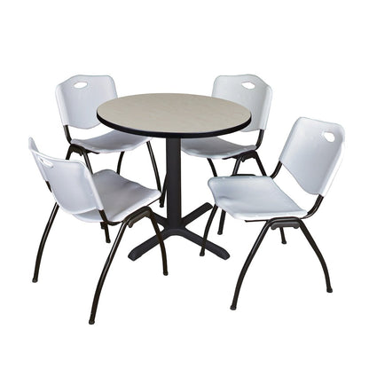 Small 30 in. Round X-Base Breakroom Table- Maple & 4 M Stack Chairs- Grey
