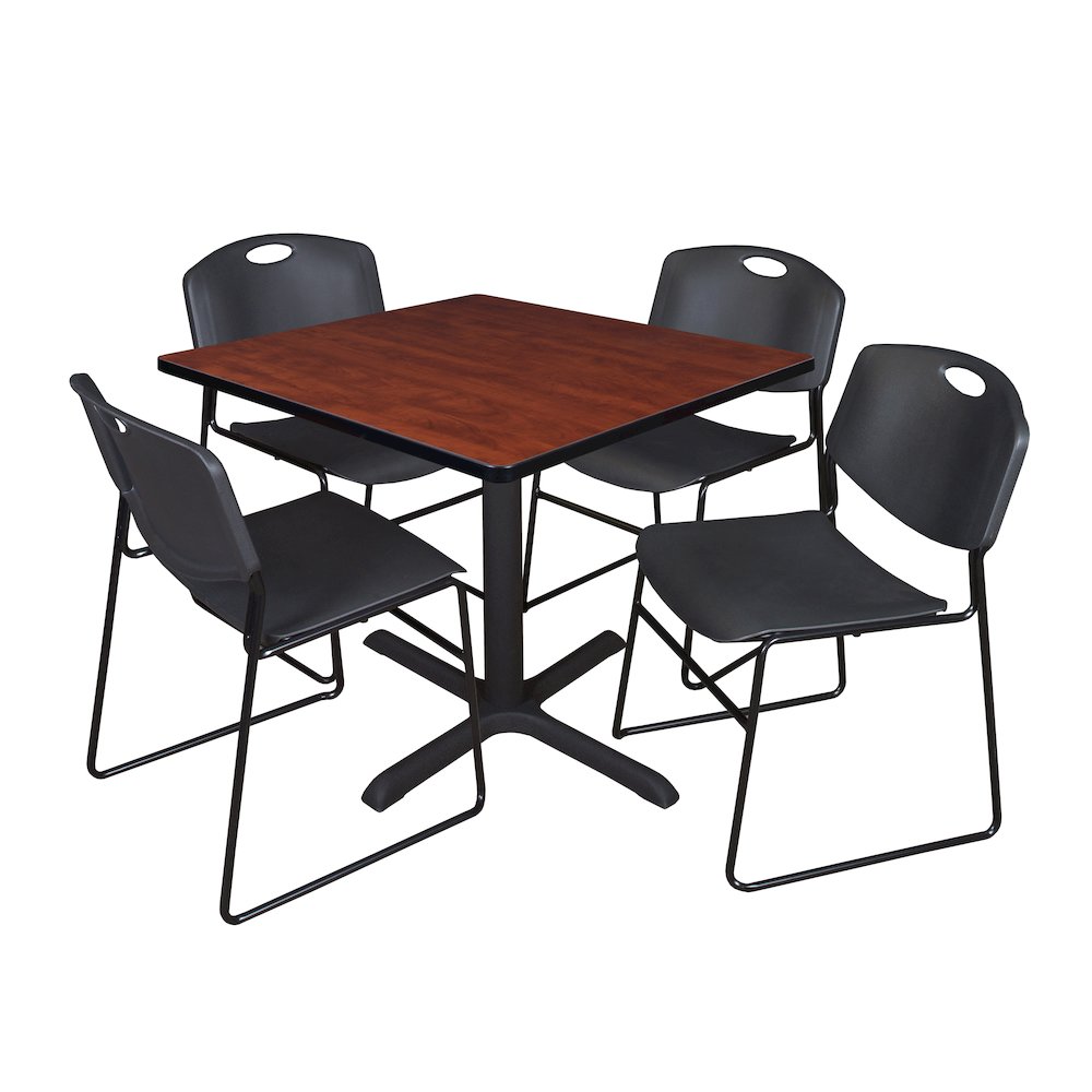 36 in. Square X-Base Breakroom Table- Cherry & 4 Zeng Stack Chairs- Black