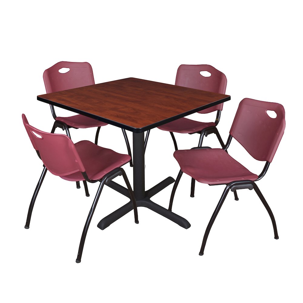 36 in. Square X-Base Breakroom Table- Cherry & 4 M Stack Chairs- Burgundy