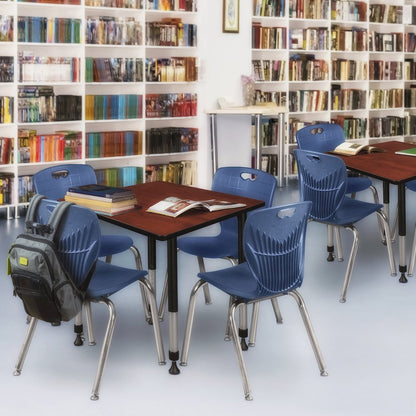 36 Square Adjustable Classroom Table- Cherry & 4 Andy 18 Stack Chairs- Blue