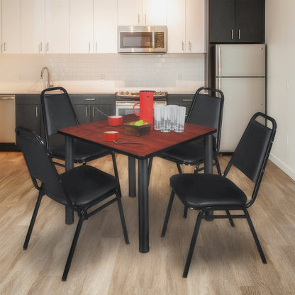 36 in Square Breakroom Table- Cherry Top, Black Legs, 4 Restaurant Stack Chairs