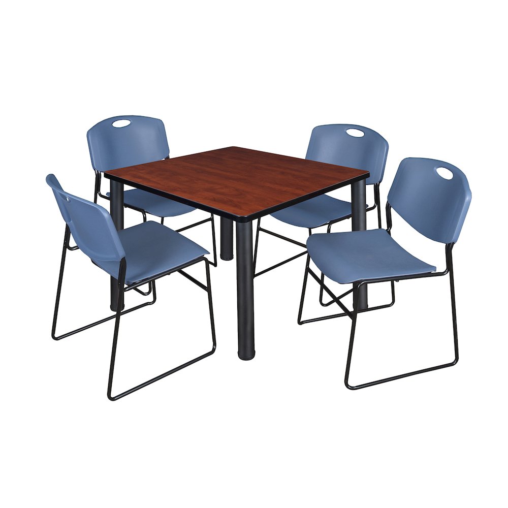 36 in Square Breakroom Table- Cherry Top, Black Legs, 4 Zeng Stack Chairs- Blue
