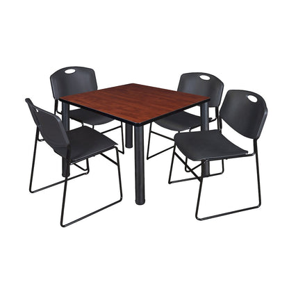 36 in Square Breakroom Table- Cherry Top, Black Legs, 4 Zeng Stack Chairs- Black