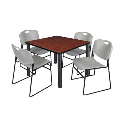 36 in Square Breakroom Table- Cherry Top, Black Legs, 4 Zeng Stack Chairs- Grey