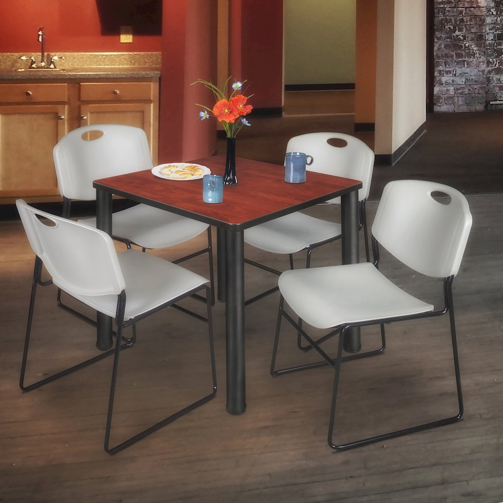 36 in Square Breakroom Table- Cherry Top, Black Legs, 4 Zeng Stack Chairs- Grey