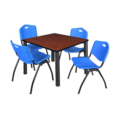 36 in Square Breakroom Table- Cherry Top, Black Legs, 4 M Stack Chairs- Blue