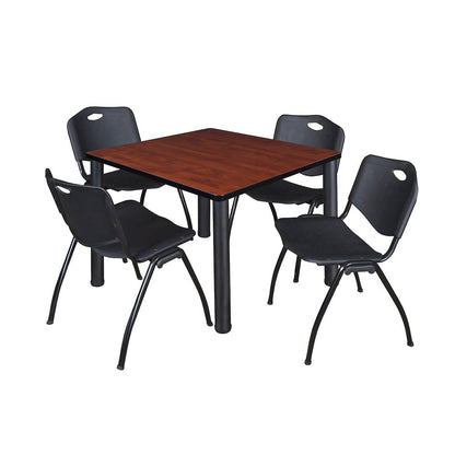 36 in Square Breakroom Table- Cherry Top, Black Legs, 4 M Stack Chairs- Black