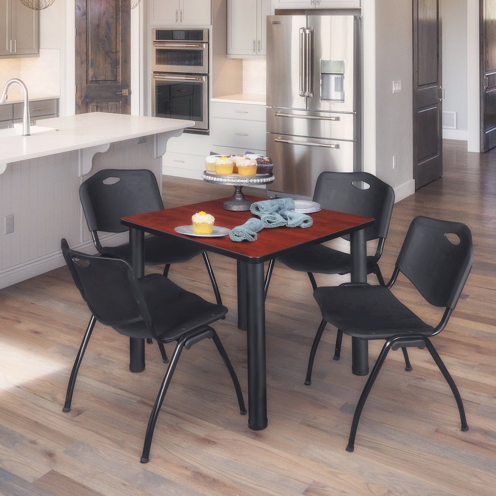 36 in Square Breakroom Table- Cherry Top, Black Legs, 4 M Stack Chairs- Black