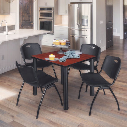 36 in Square Breakroom Table- Cherry Top, Black Legs, 4 M Stack Chairs- Black