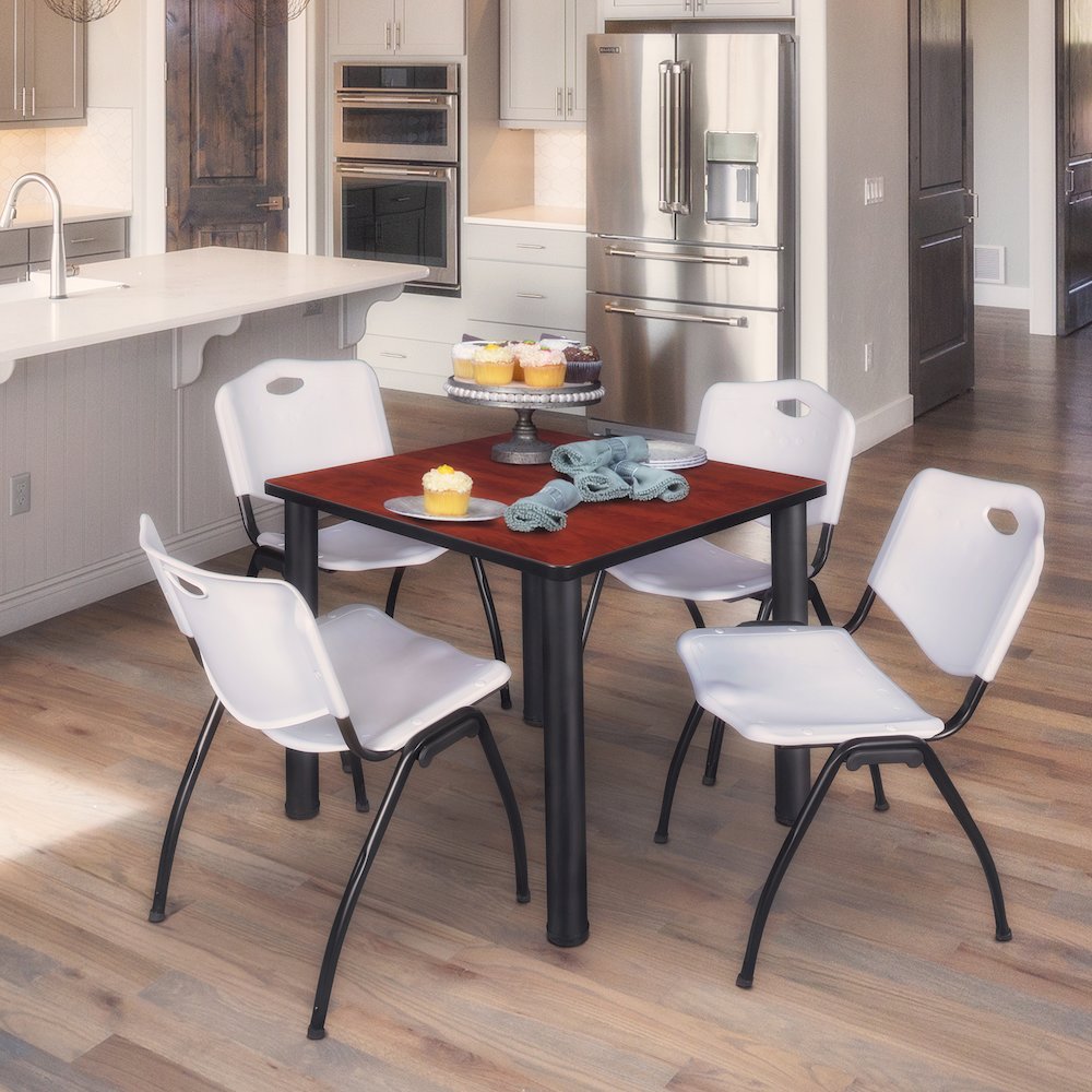 36 in Square Breakroom Table- Cherry Top, Black Legs, 4 M Stack Chairs- Grey