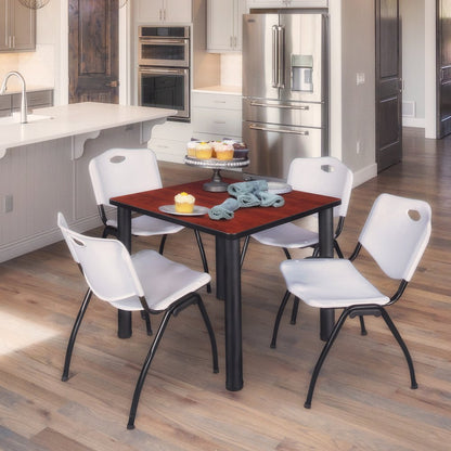 36 in Square Breakroom Table- Cherry Top, Black Legs, 4 M Stack Chairs- Grey