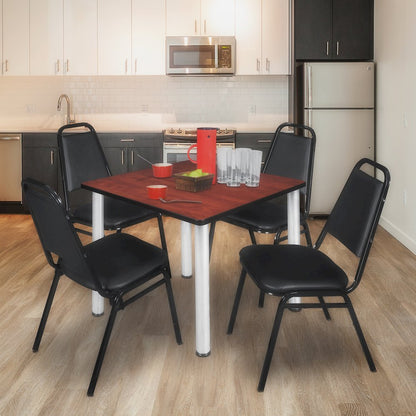 36 in Square Breakroom Table- Cherry Top, Chrome Legs, 4 Restaurant Stack Chairs