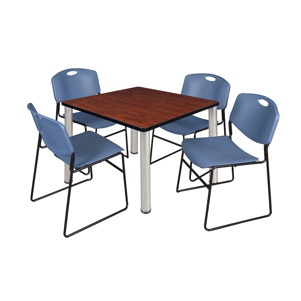 36 in Square Breakroom Table- Cherry Top, Chrome Legs, 4 Zeng Stack Chairs- Blue