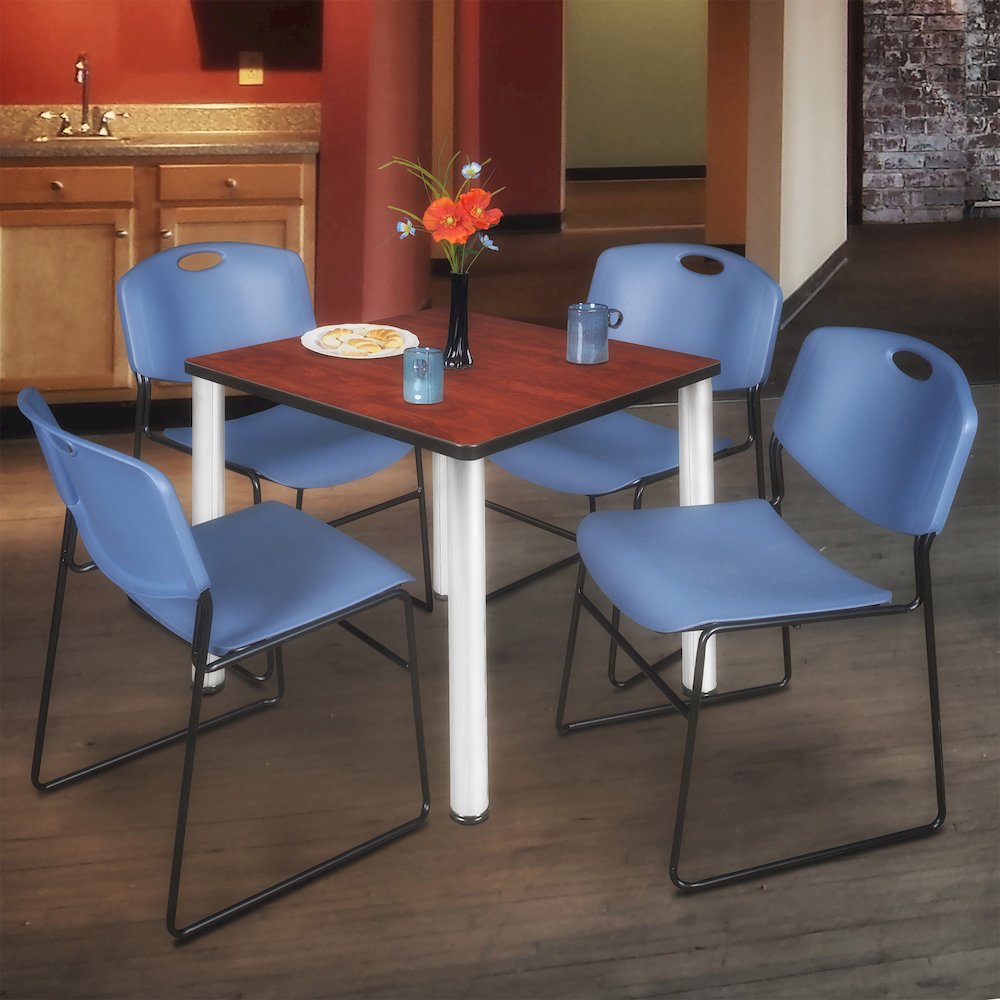 36 in Square Breakroom Table- Cherry Top, Chrome Legs, 4 Zeng Stack Chairs- Blue
