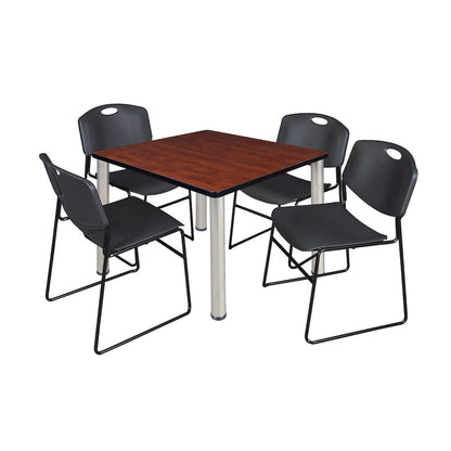36 Square Breakroom Table- Cherry Top, Chrome Legs, 4 Zeng Stack Chairs- Black