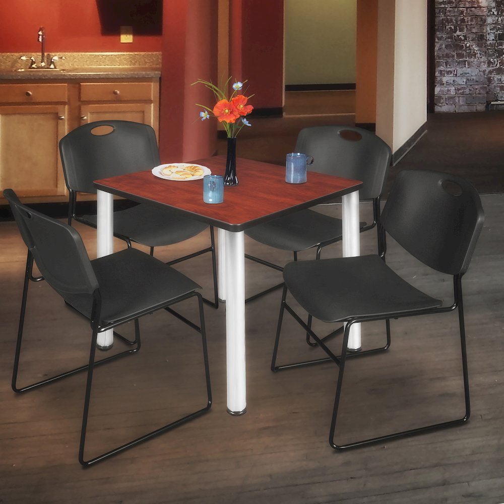 36 Square Breakroom Table- Cherry Top, Chrome Legs, 4 Zeng Stack Chairs- Black