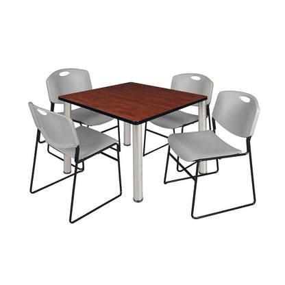 36 in Square Breakroom Table- Cherry Top, Chrome Legs, 4 Zeng Stack Chairs- Grey