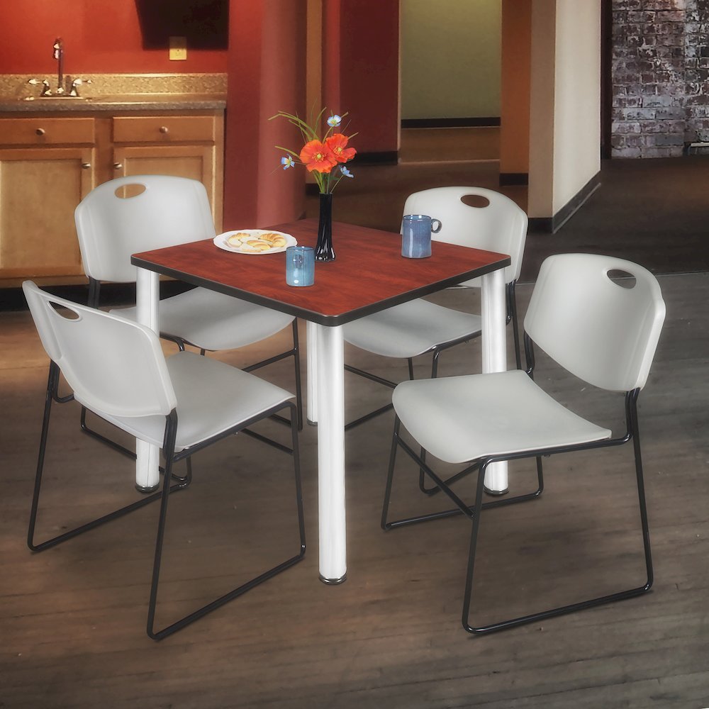 36 in Square Breakroom Table- Cherry Top, Chrome Legs, 4 Zeng Stack Chairs- Grey