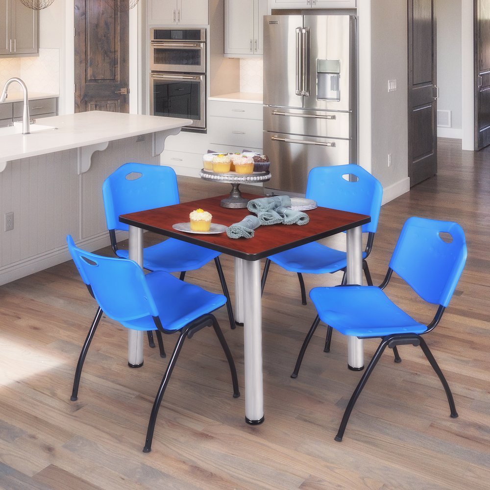 36 in Square Breakroom Table- Cherry Top, Chrome Legs, 4 M Stack Chairs- Blue