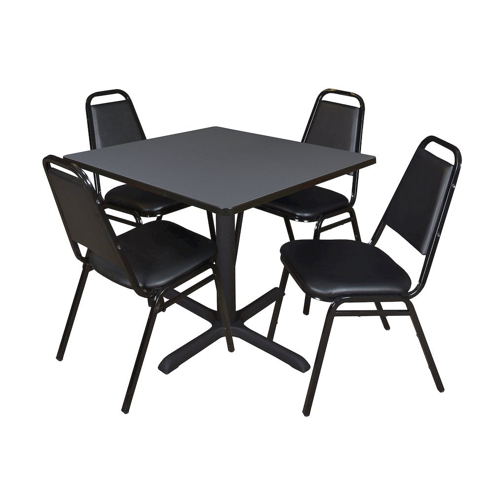 36 in. Square X-Base Breakroom Table- Grey & 4 Restaurant Stack Chairs- Black