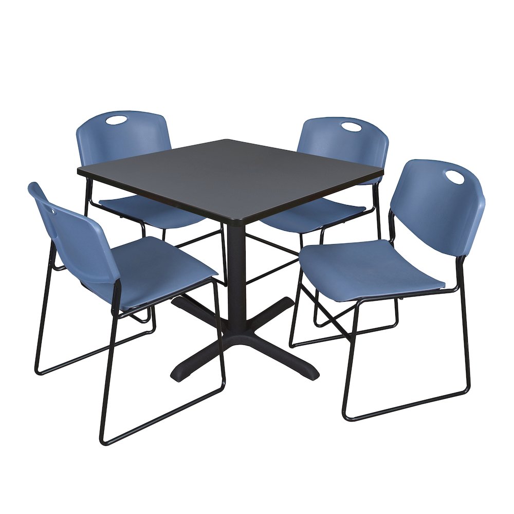36 in. Square X-Base Breakroom Table- Grey & 4 Zeng Stack Chairs- Blue